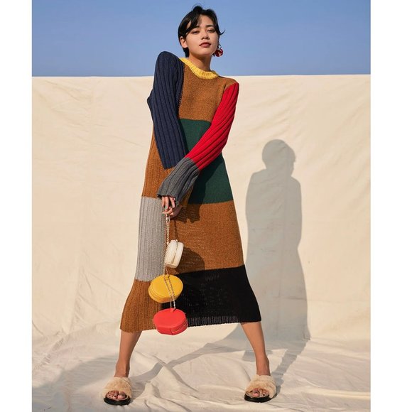 YanYan Tweedle Colorblock Ochre Rainbow Tweed Knit Column Dress - Picture 1 of 13